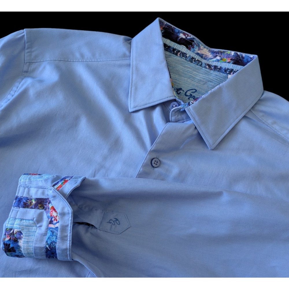 Robert Graham Classic Fit Blue Button Front Shirt Tropical Flip Cuff Size Large
